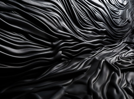 Closeup of rippled black silk fabric. Abstract background.の素材