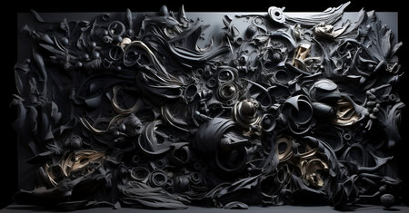 3d rendering of abstract background with metal elements on black background.の素材