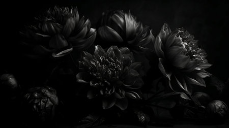 Black and white dahlia flowers on a dark background close upの素材