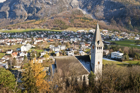Valley in Liechtenstein, surrounded by the Alpsの写真素材