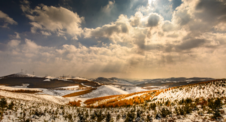 In view of the prairie road snow snow in Autumnの写真素材