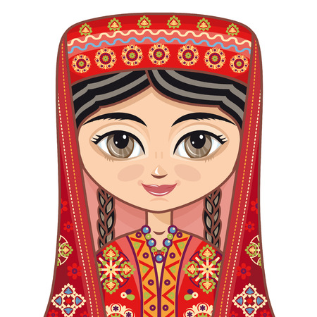 Portrait, avatar. The girl in Tajik dress. Historical clothes. Linear pattern on a white background. Line drawing festive. Vector drawing.のイラスト素材