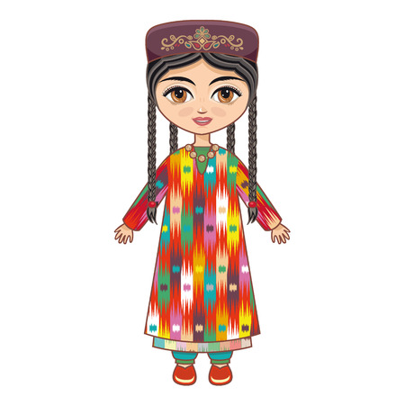 The girl in Uzbek dress. Historical clothes. Linear pattern on a white background. Line drawing festive. Vector drawing.のイラスト素材