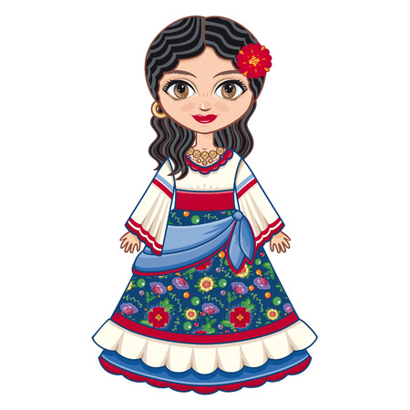 The girl in Gipsy dress. Historical clothes. Linear pattern on a white background. Line drawing festive. Vector drawing.のイラスト素材