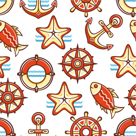 Beautiful sea seamless pattern. Anchor, steering wheel, compass, starfish, fish. Cheerful colorful style. Linear pattern on a white background. Line drawing festive. Vector drawing.のイラスト素材