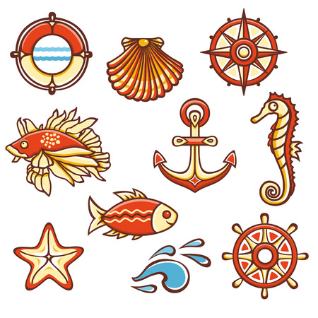 Sea set. Fish, starfish, seahorse, steering wheel, compass, life buoy, waves, anchor, shell. Cheerful colorful style. Linear pattern on a white background. Line drawing festive. Vector drawing.のイラスト素材