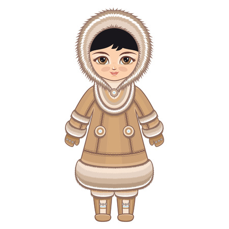 The girl in Chukcha dress. Historical clothes. The Far North. Colorful drawing on a white background. Line drawing festive. Vector drawing.のイラスト素材