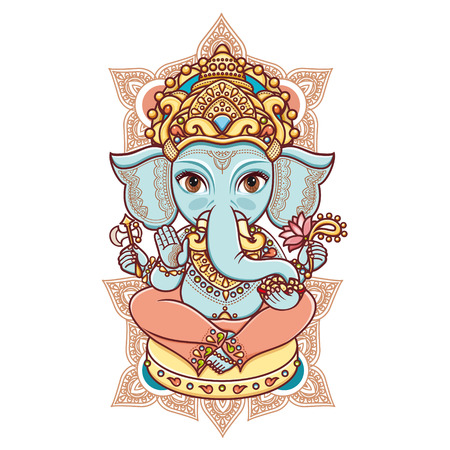 Hindu elephant head God Lord Ganesh. Hinduism. Happy Ganesh Chaturthi. Vector elements isolated. Hand drawn paisley background. Indian, Hindu motifs. Henna tattoo, yoga, textiles, sticker. Cheerful colorful style.のイラスト素材