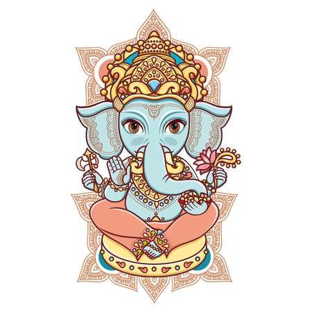 Hindu elephant head God Lord Ganesh. Hinduism. Happy Ganesh Chaturthi. Vector elements isolated. Hand drawn paisley background. Indian, Hindu motifs. Henna tattoo, yoga, textiles, sticker. Cheerful colorful style.