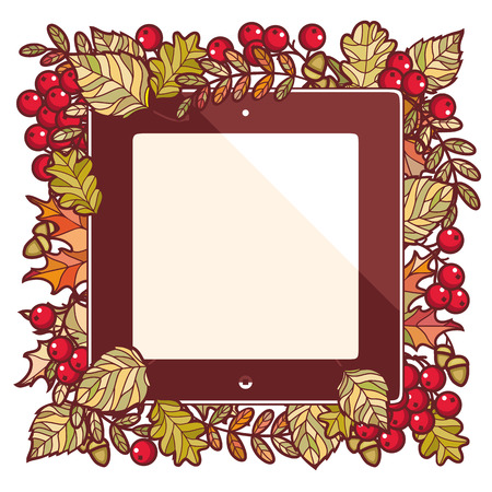 Autumn frame. Autumn background. Birch. Maple. Rowan. Oak. The tablet. Mountain ash. Banner. Shortcut. Label. Vector illustration. Vector elements isolated.のイラスト素材