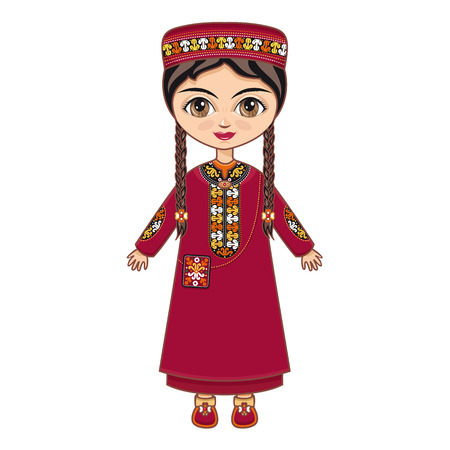 The girl in Turkmen dress. Historical clothes. Turkmenistan. Vector drawing on white background. Isolated image.のイラスト素材
