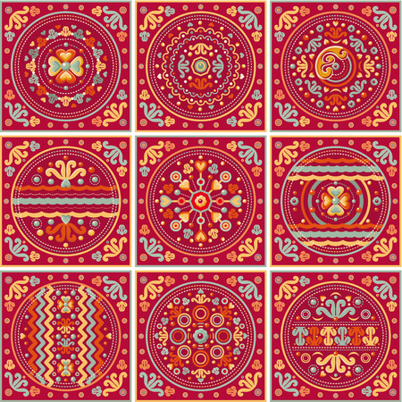 9 seamless patchwork pattern. Ethnic geometric print. Wallpaper, pattern fills, web page background, surface textures. Wrapping. Festive packaging. Geometric carpet.のイラスト素材