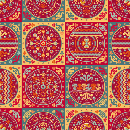 seamless patchwork pattern. Ethnic geometric print. Wallpaper, pattern fills, web page background, surface textures. Wrapping. Festive packaging. Geometric carpet.のイラスト素材