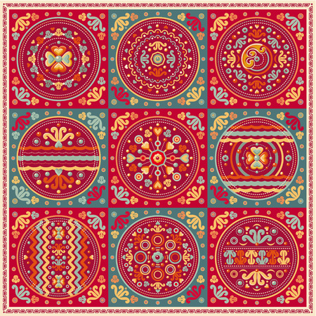 patchwork pattern. Ethnic geometric print. Wallpaper, pattern fills, web page background, surface textures. Wrapping. Festive packaging. Geometric carpet.のイラスト素材