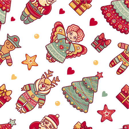 Seamless pattern. Christmas style. Reindeer. Santa Claus. Gingerbread Man. Deer. Gift box. Christmas tree. Star. Christmas hand drawn design elements. Best for greeting cards, invitations.のイラスト素材