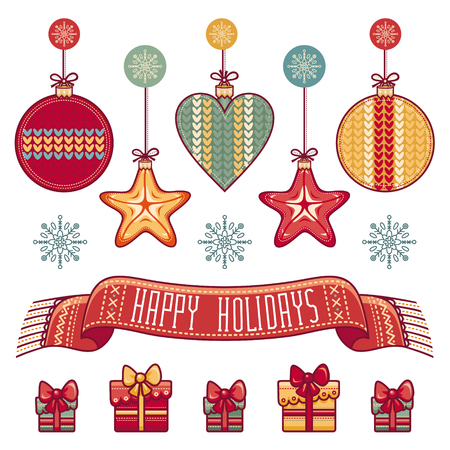 Merry Christmas. Christmas set. Christmas greeting. Happy holidays. Winter. Knitted toys, knitting. White background. Best for greeting cards, invitations.のイラスト素材