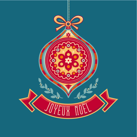 Joyeux Noel. Happy holidays. Winter holiday. Ribbons. Merry Christmas card template with greetings in french language.のイラスト素材