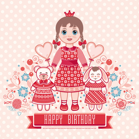 Happy birthday - greetings card for girl. Illustration of cute little princess.のイラスト素材