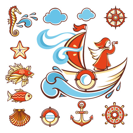 Sea set. Icons set. Girl on a sailboat. Vector illustration on white backgroundのイラスト素材