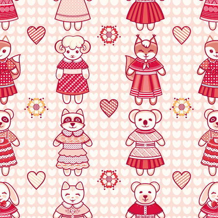 Animal. Seamless pattern. Children's clothing. Rabbit, hare, bear, cat, kitten, raccoon, koala, panda, fox, squirrel, sheep, dog. Vector illustrationのイラスト素材