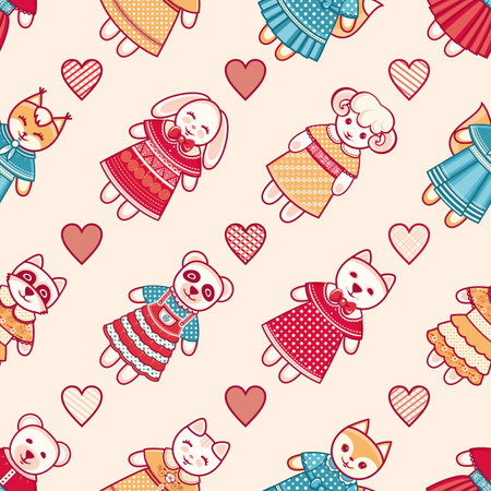 Animal. Seamless pattern. Children's clothing. Rabbit, hare, bear, cat, kitten, raccoon, koala, panda, fox, squirrel, sheep, dog. Vector illustrationのイラスト素材