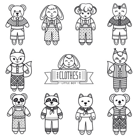 Children's clothing. Coloring book animals. Monochrome set. Cute animals. Girl. Icons. Raster illustration on white background. Black and white.のイラスト素材