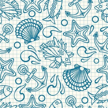 Marine pattern. Seamless. Sea background. Nautical pattern. Sea shell. Sea life. Marine icon. Marine background. Nautical background. Nautical icon. Sea icon. Sea pattern.のイラスト素材