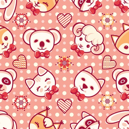 Cute little animals. Seamless pattern. Colorful background with characters - Panda, lamb, cat, Fox, rabbit, hare, squirrel, raccoon. Cartoon styleのイラスト素材