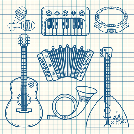Musical instruments. Children's toys. Set. Maracas, accordion, balalaika, guitar, post horn, tambourine.のイラスト素材