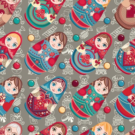 Russian souvenir. Matryoshka - babushka doll. Ethnic wooden toy. Seamless colorful pattern. Vectorのイラスト素材