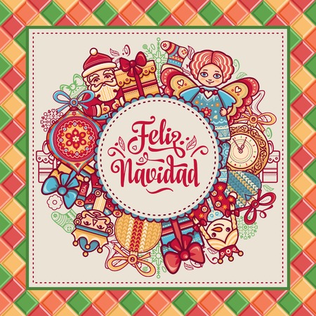 Christmas wreath. Winter toys - Santa Claus, Nutcracker, Reindeer, gift box, balls, garlands. Greeting message in Spanish - Feliz Navidad. Festive ornamental background for greeting cards. Vector colorful. Merry Xmas.のイラスト素材