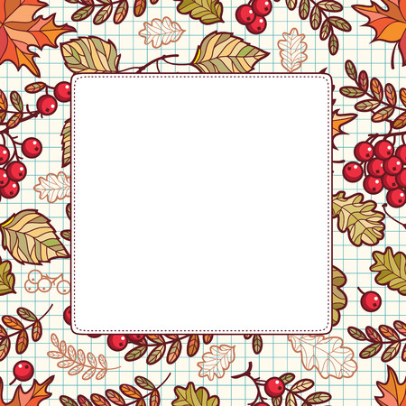 Autumn leaf ornamental frame. Forrest leafy background. Abstract texture. Nature decoration, Woodland template. Rowan, Maple, Birch, Oak.のイラスト素材