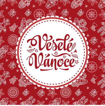 Vesele Vanoce. Christmas message. Lettering composition with phrase on Czech language. Warm wishes for happy holidays. Best for greeting card, promotion. English translation: Merry Christmas.のイラスト素材