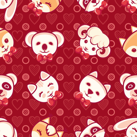 Cute little animals. Seamless pattern. Colorful background with characters - Panda, lamb, cat, Fox, rabbit, hare, squirrel, raccoon. Cartoon styleのイラスト素材