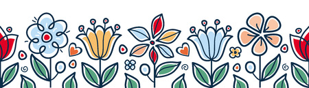 Seamless floral border. Scandinavian style. Cute cartoon vector. Twigs, leaves and flowers. Spring and summer ornamentのイラスト素材