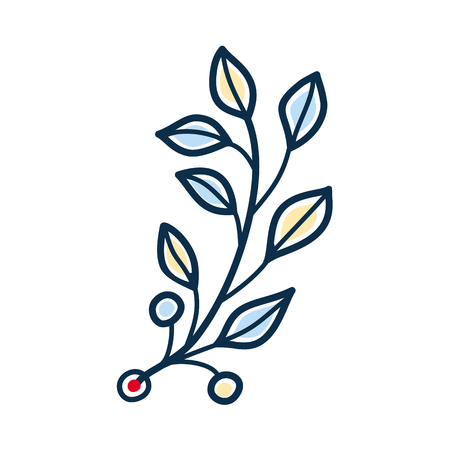 Rustic twig with yellow and blue leaves. Provencal style. Vector isolated design elementのイラスト素材