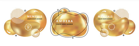 Gold amoeba design. Trendy fractal design. Multi color trendy concept.  Circle Bubble Wavy banner. Modern vector template. Memphis Liquid shape. Template for the design of a logo, flyer or presentation.のイラスト素材
