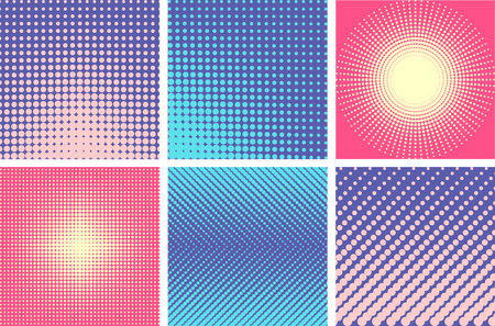 Halftone background with vintage elements. Circle halftone. Abstract dotted circles, round halftones geometric dots gradient and pop art texture. Dot spray gradation vector set. Illustration halftoneのイラスト素材