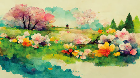Cute watercolor landscapeの写真素材