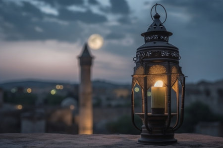 Lantern with a candle and mosque in the background at nightの素材