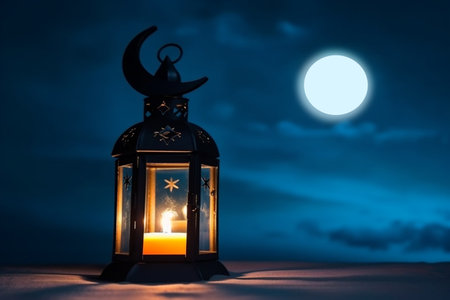 Ramadan Kareem background. Ramadan Kareem greeting card. Lantern with burning candle and crescent moon on night sky background. selective focusの素材