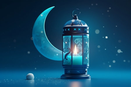 Ramadan Kareem lantern with crescent moon and star on blue backgroundの素材