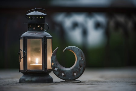 Lantern with crescent moon and star on the wooden floorの素材