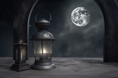 Lantern on snow at night and moon in the sky.の素材