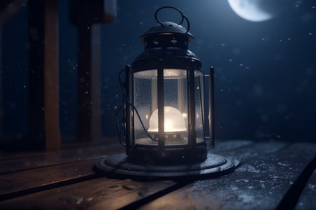 Lantern with burning candle on a wooden table at night in the moonlight.の素材