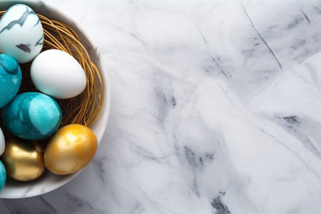 Easter eggs in a basket on a marble background with copy spaceの素材