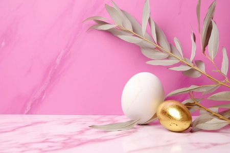 Easter composition with golden egg and eucalyptus branch on pink backgroundの素材