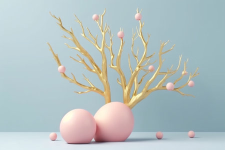 abstract minimalistic composition with golden tree and pink ballsの素材