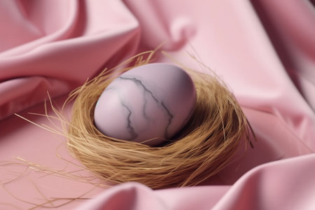 Easter egg in a nest on a pink satin background.の素材