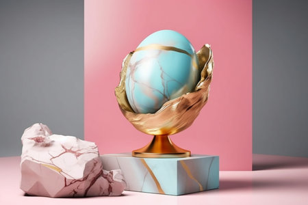 Easter egg with gold paint on pastel background. 3d renderingの素材